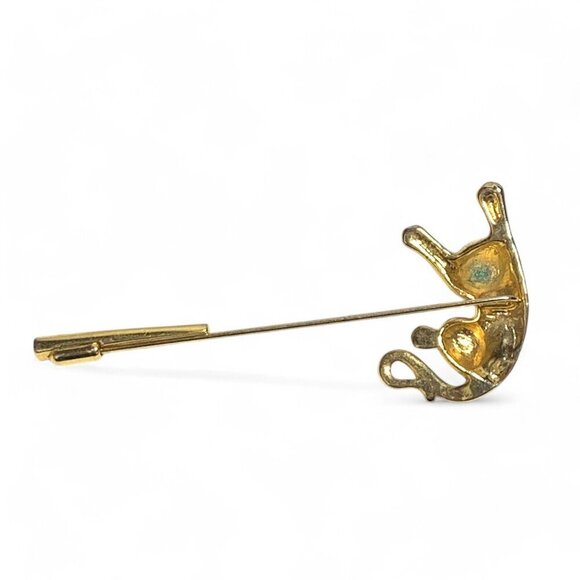 Vintage Gold-Tone Cat Themed Hat Pin With Clear Crystal Rhinestone Eyes 2" - Picture 3 of 6